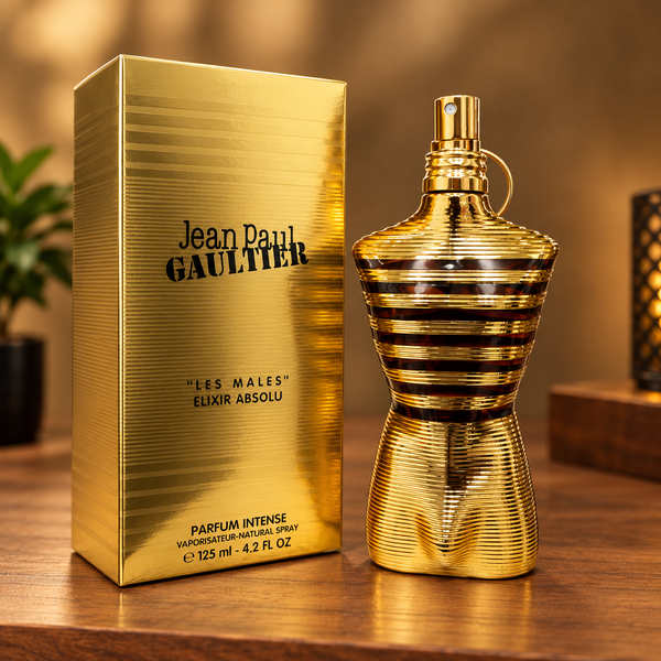 Jean Paul Gaultier “Le Male” Elixir Absol in gold packaging.